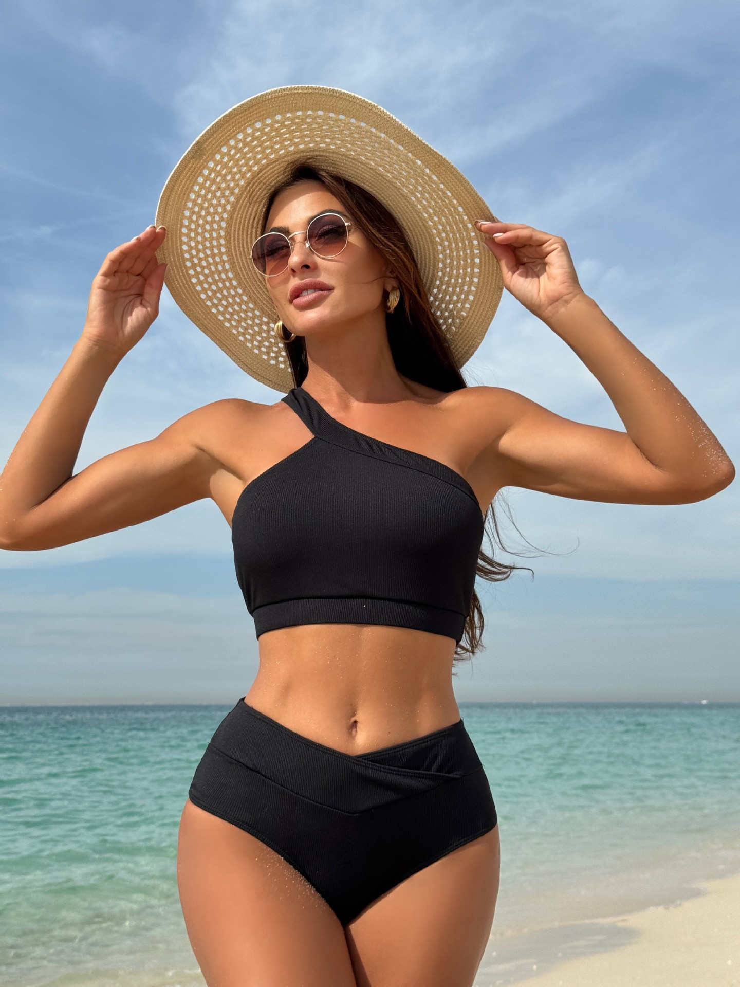 One-shoulder Split Sunken Stripe High Waist Swimsuit