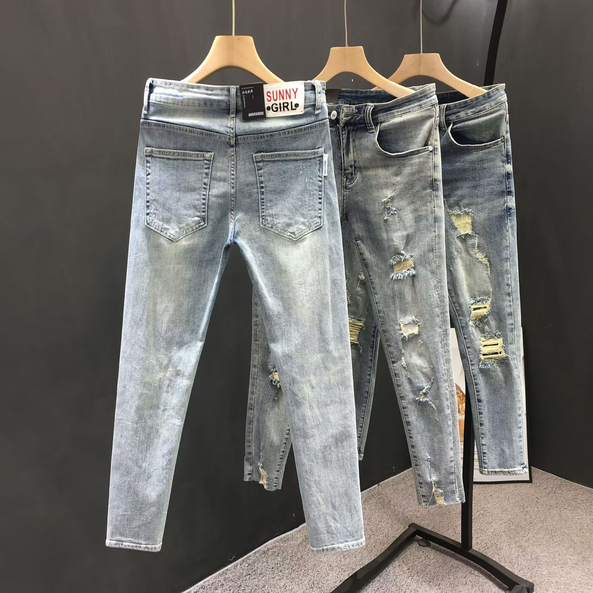 Men's Clothing Summer heavy wash retro distressed ripped jeans men's trendy brand handsome scraped slim fit skinny nine point pants_voghion.com