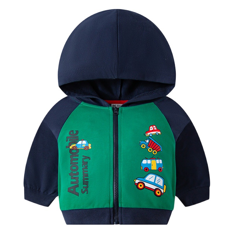 Nueva ropa para niños otoño estilo coreano suéter para niños coche de dibujos animados chaqueta deportiva con capucha para niños entrega de una sola pieza de algodón puro