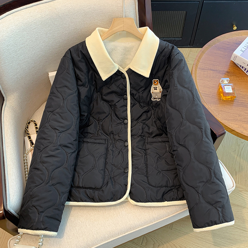 american retro bear embroidery contrast color binding cotton-padded jacket men‘s and women‘s winter fashion rhombus loose thick turn-down collar coat