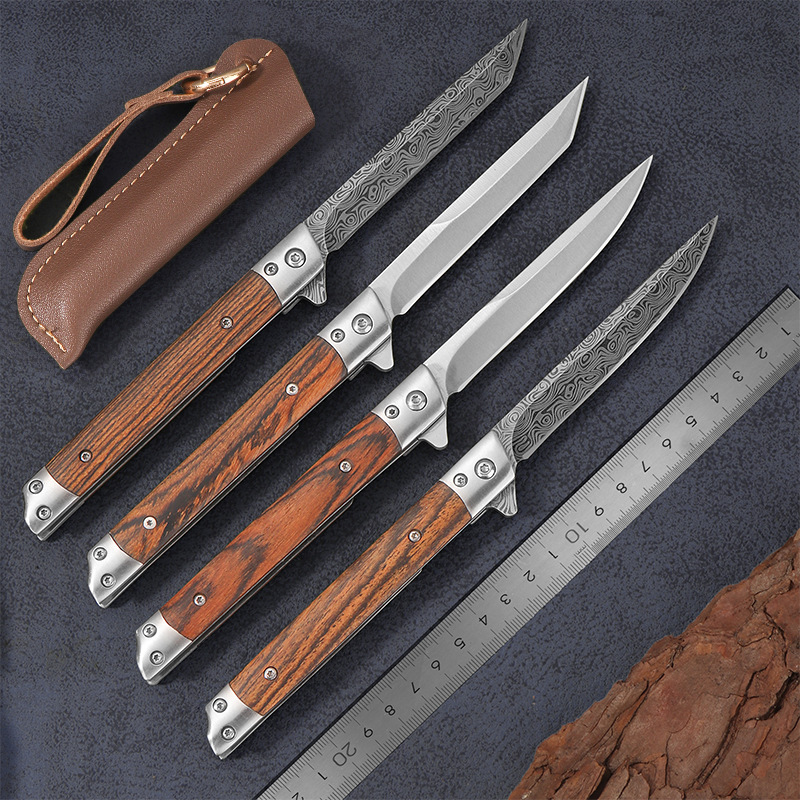户外便携小刀野外折叠刀家用水果刀露营刀具大马士革纹神笔折刀
