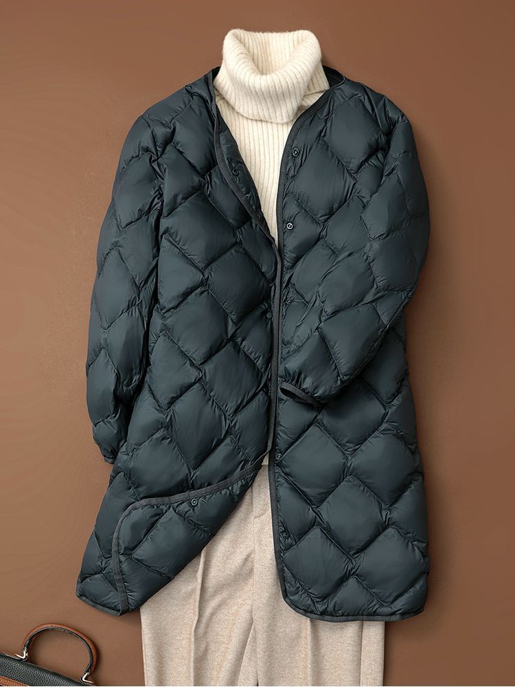 Nuevo otoño y invierno plumón chaqueta de mujer ligera media larga V-cuello redondo cuello interior de la chaqueta de abrigo