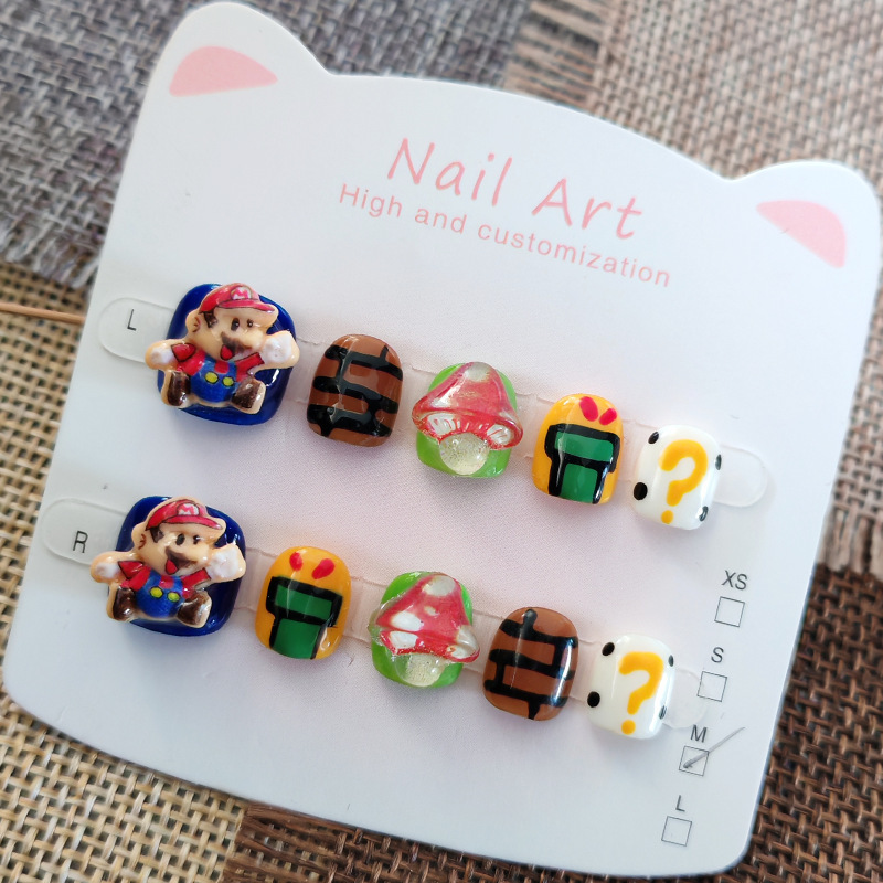 Cartoon Super Mario Cute Children's Handmade Nail Stickers for 3-6-12 Year Old Kids with Jelly Glue