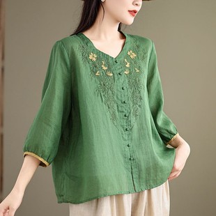 Mother 2025 Summer New High-end Ramie Top Noble Retro Style Summer Cool Breathable Loose Shirt