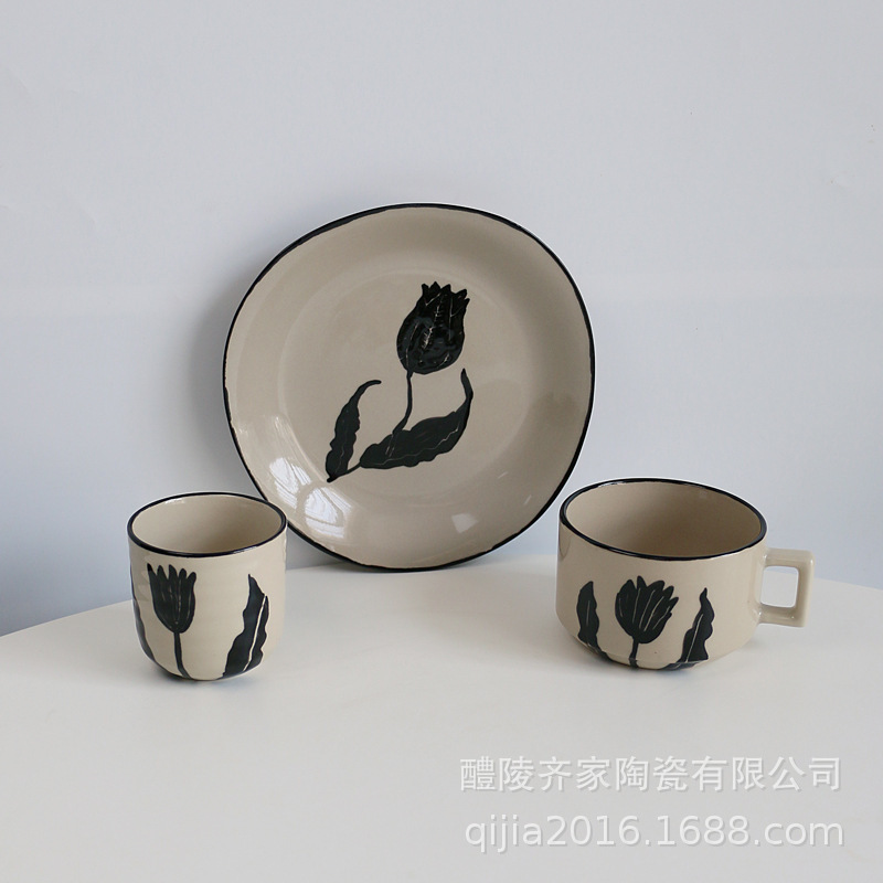 Ins Japanese Retro Mug Hand-painted Tulip Ceramic Cup Coffee Cup Couple Breakfast Plate Girlfriend Gift