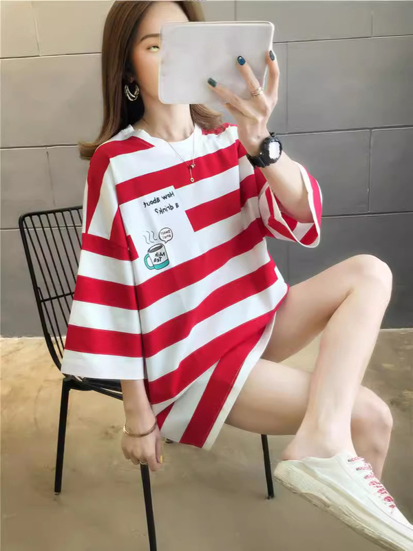 2024夏の女装百合縞ゆるい中長のtシャツ女性半袖が痩せているシャツins潮女性半袖|undefined
