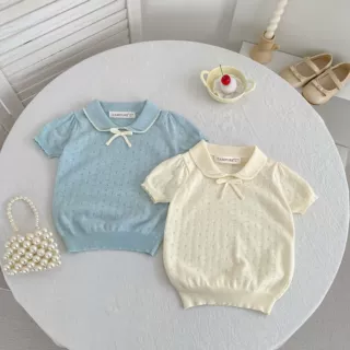 韩系童装女童翻领短袖针织衫可爱蝴蝶结短袖T恤Ins女宝短袖上衣