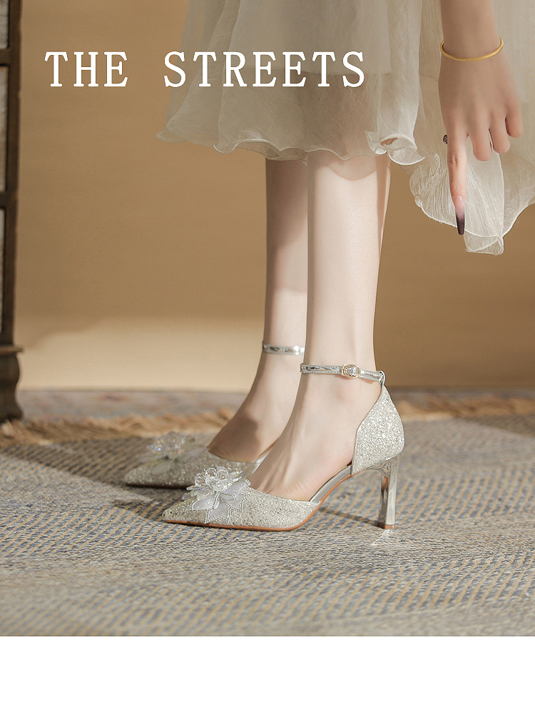 Giày sandal cao gót nữ quai ngang mũi nhọn bạc — Màu bạc chi tiết 1