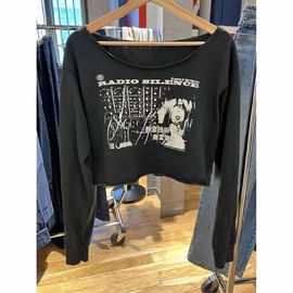 BM风美式radio女孩印花长袖T恤女棉圆领宽松打底上衣女