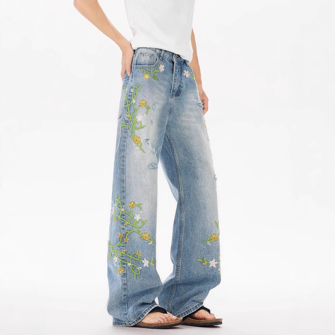 Nicho americano flor bordado jeans hombre verano 2025 nuevo estilo de moda recto delgado vibe pantalones largos