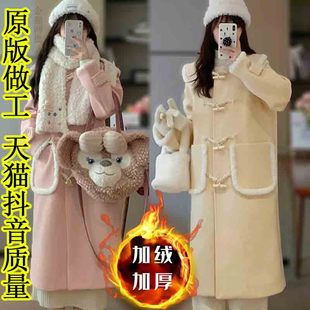 Popular Style] Creamy Yellow Lamb Wool Horn Button Woolen Outwear for Women in Autumn and Winter, Sweet Thickeneded Woolen Outwear for Small People