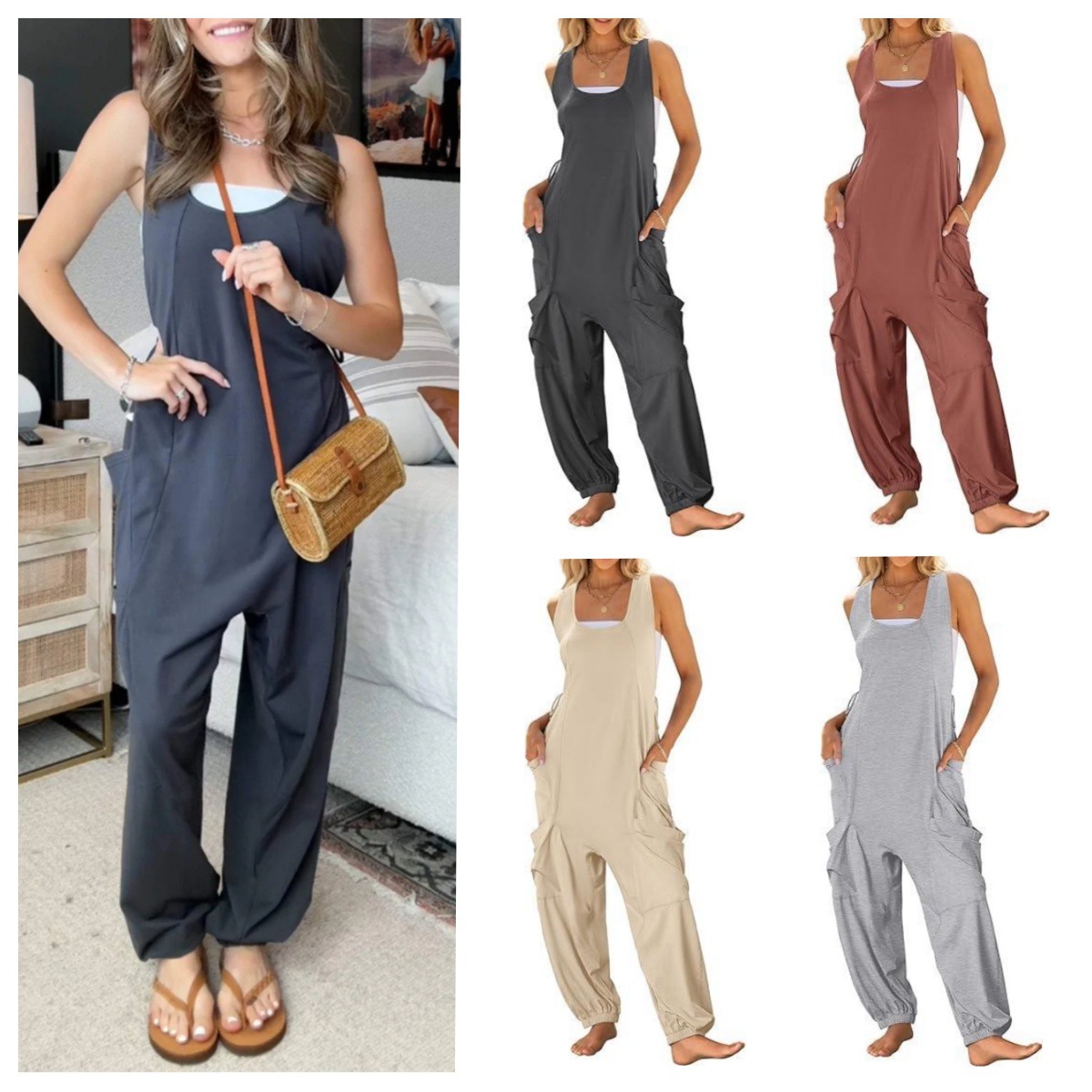 European and American Cross-border Amazon Women's Sling Loose Casual Fashion Double Pocket Sleeveless Hallen Pants