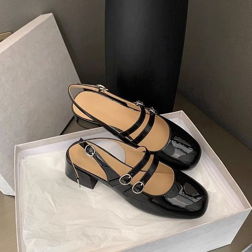 French Retro Square Head Double Buckle Backless Sandals Summer Fashion Retro Versatile Thick Heel Mary Jane Single Shoes