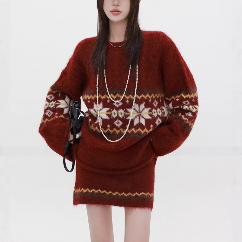Ys New Year's Style Festive Knitwear, Lazy Style Fair Isle Jacquard Sweater Set, Women's Autumn and Winter Three-Piece Set