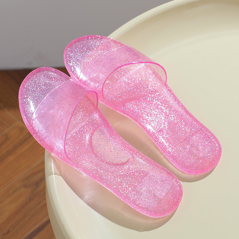 Summer Crystal Slippers New Fashion Flat Bottom Home and Outdoor Wear Non-Slip Anti-Odor Sandals Transparent One-Line Princess Shoes