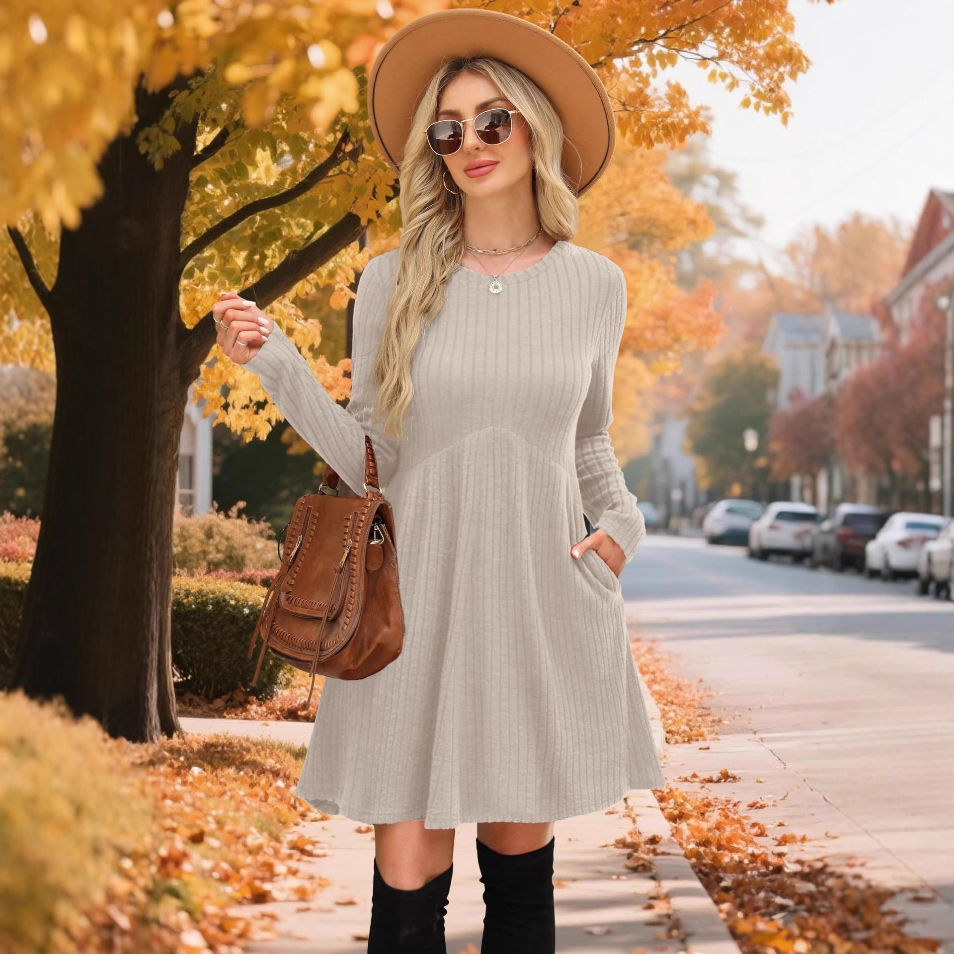 2025 Mid-Length Autumn Winter Bohemian Irregular Brushed Ribbed Solid Color Dress Women's Umbrella Skirt_voghion.com