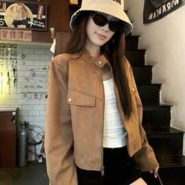 美拉德鹿皮绒立领夹克外套女2025秋季新款覆古气质宽松长袖机车服