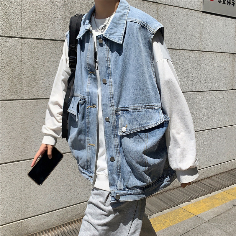 Spring and Autum Denim Jacket Men's Korean Style Loose Sleeveless Vest Trendyy Ins Workwear Waistcoat Vest