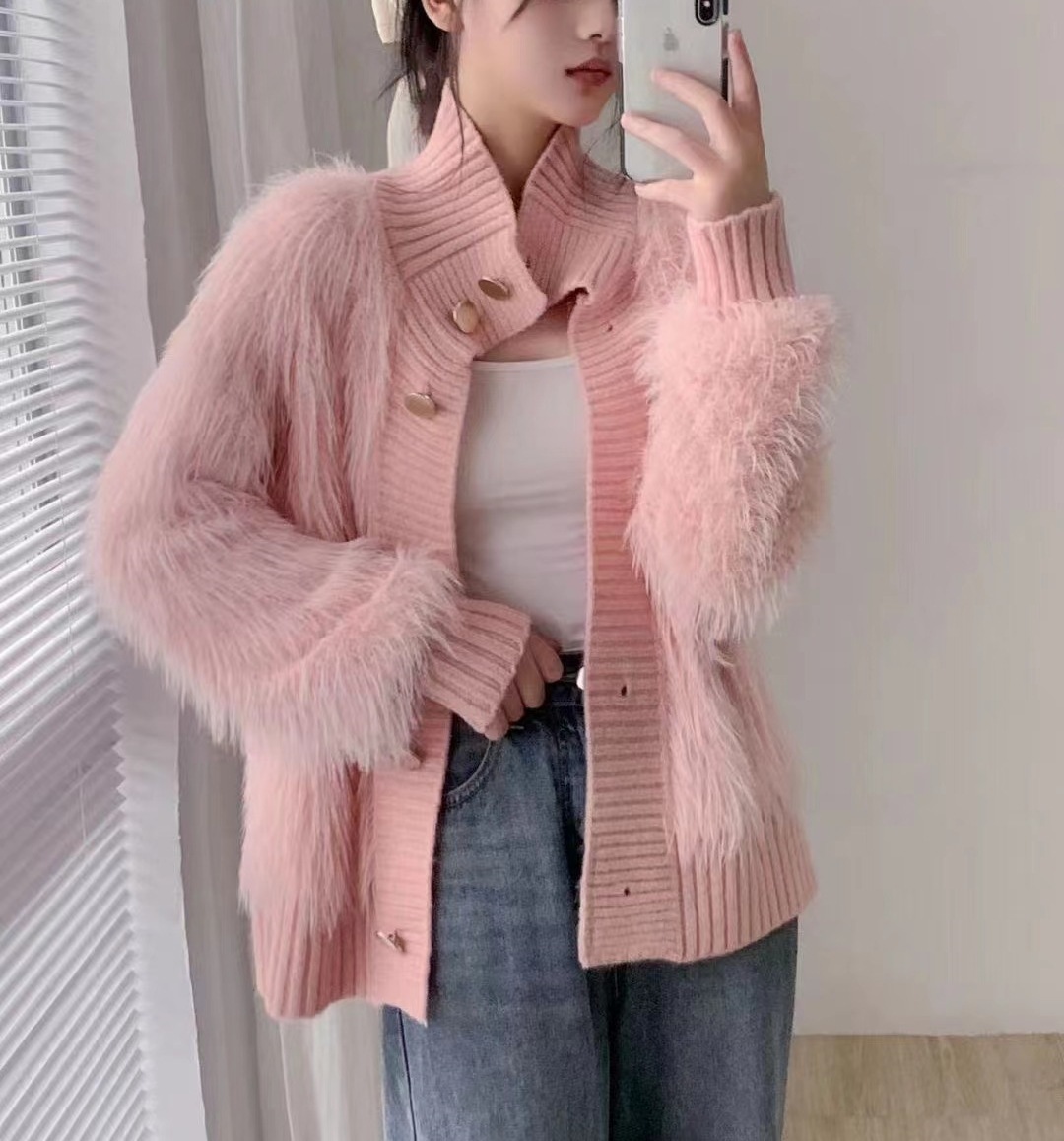 El otoño y el invierno nuevo estilo de imitación de visón de terciopelo collar de pie cardigan exterior de las mujeres de alto grado de temperamento flojo todo fósforo de punto abrigo de moda
