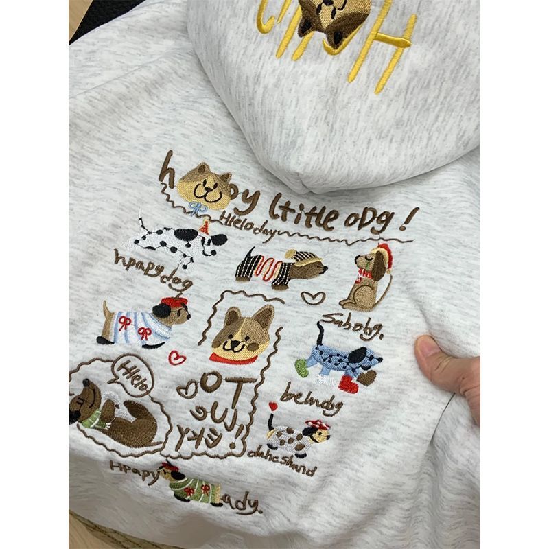 美式高街腊肠小狗刺绣连帽卫衣女秋冬季加绒加厚oversize宽松外套|undefined