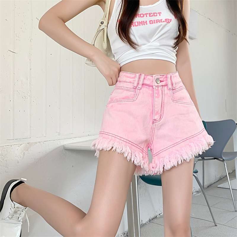 Real Shot of 2026 Summer Thin Frayed Pink Denim Shorts for Women with a Stylish Design and Trendy Tassels