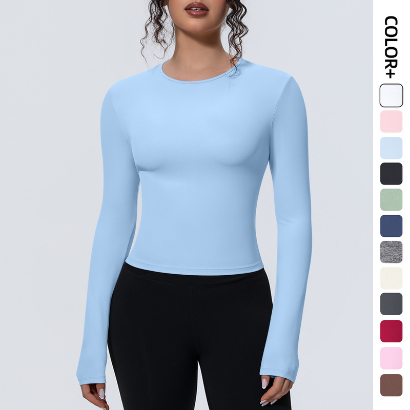 Cross-Border New Sports Nude Waist Slimming Long-Sleeved Breathable Yoga Wear T-Shirt Running Training Fitness Top for Women