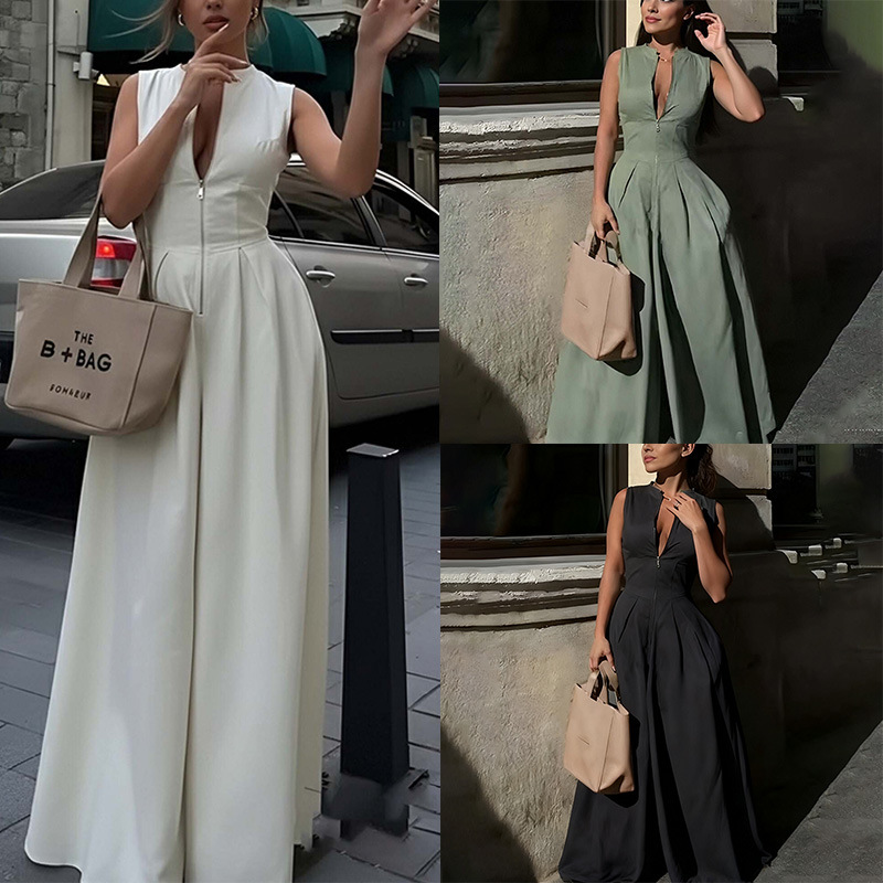 2026 Spring And Summer New Women's Clothing, Fashionable And Elegant Solid Color V-neck Pleated Splicing Jumpsuit_ecoleips.com