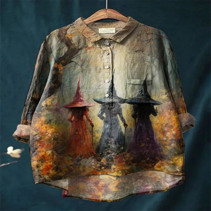 Halloween Cute Witch Digital Print Women's Casual Cotton and Linen Long Sleeve Casual Loose Shirt Halloween Cute Witch Digital Print Women's Casual Cotton and Linen Long Sleeve Casual Loose Shirt