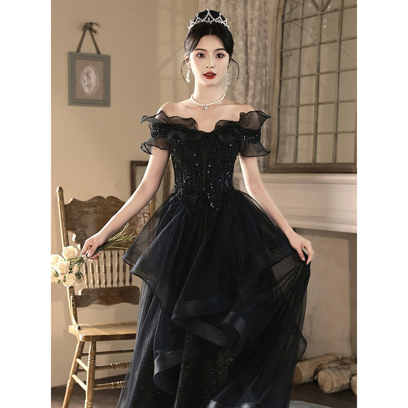 Black evening dress high-end light luxury niche temperament birthday banquet senior sense annual meeting host art exam adult gift