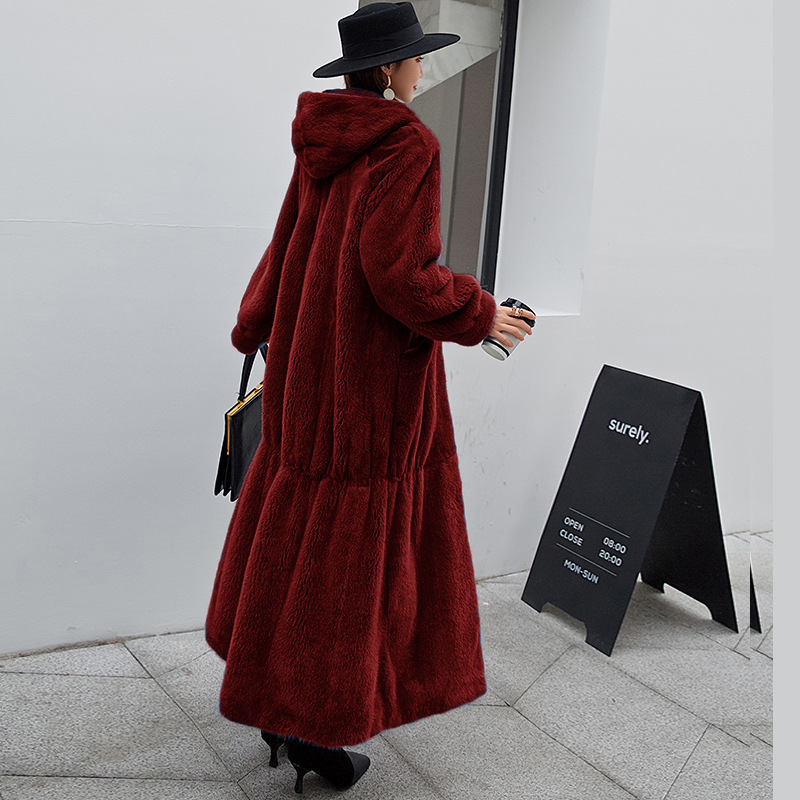 2021 Winter new casual temperament European and American loose imitation Rex Rabbit Fur Coat Women's hooded long coat tide