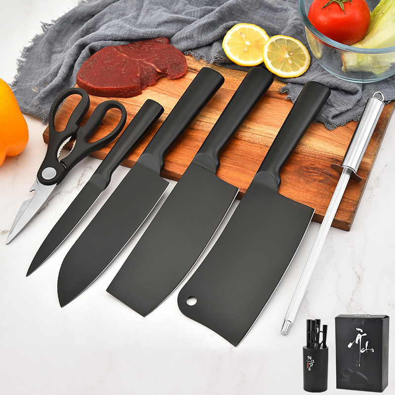 Spot de fábrica Juego de cuchillos al por mayor Juego de utensilios de cocina de combinación negra Cuchillo de corte de carne Juego de caja de regalo de acero inoxidable de siete piezas