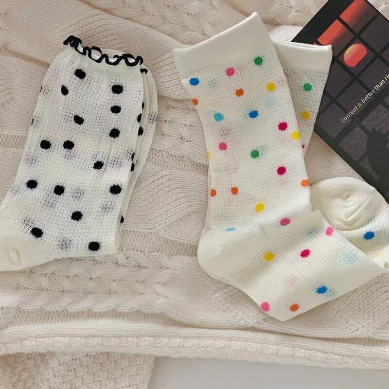 Polka-Dot Socks with Hole-In-The-Wall Slippers, Women's Mid-Calf Mesh Summer Thin Japanese Style Casual Pile Jk Small Fresh
