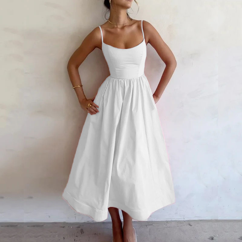 2026 New Spring Women's Clothing, Cross-Border European And Americanes, Sexy Waist-Cinching Solid Color Strap Maxi_ecoleips.com