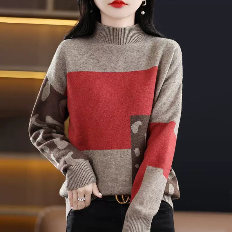亚马逊欧美跨境毛衣爆款女装大码宽松拼色休闲针织衫女秋冬高级感