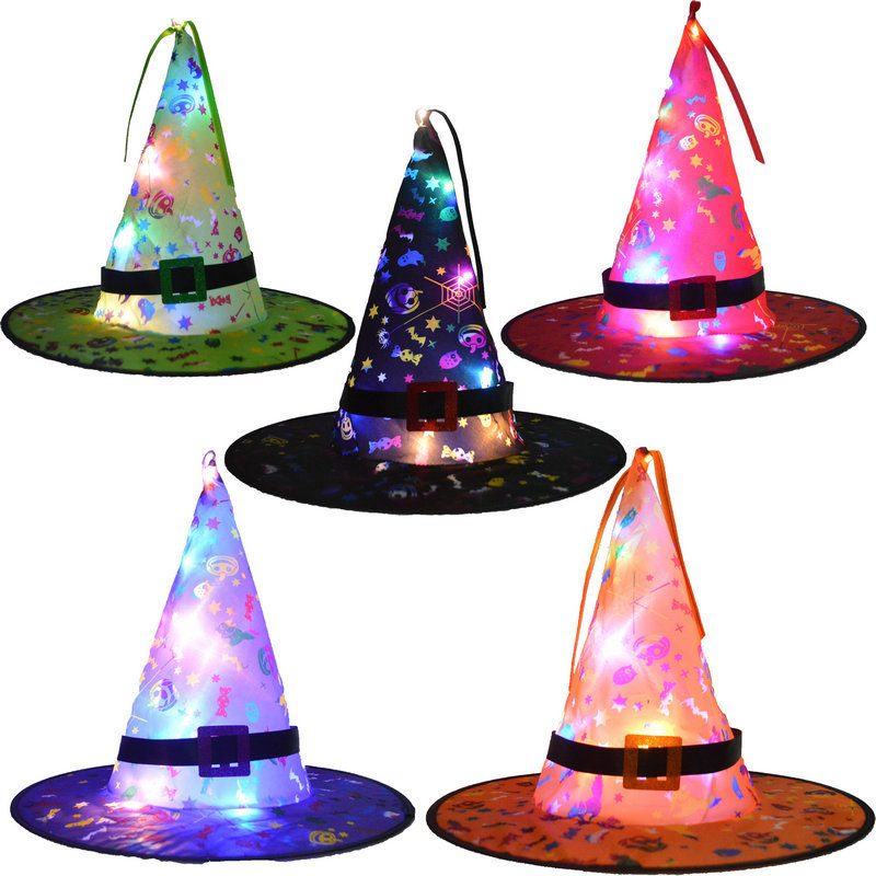 万圣节帽子节日派对装饰道具LED发光巫婆帽魔法师女巫帽巫师帽