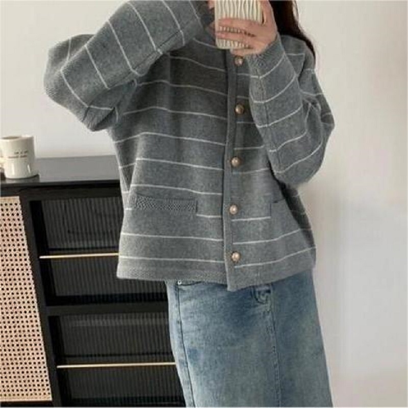 韩系条纹宽松慵懒风针织开衫2025秋冬女装简约百搭圆领毛衣外套女|undefined