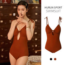 韩国ins复古咖色性感深V吊带少女连体温泉泳衣简约纯色露背游泳装