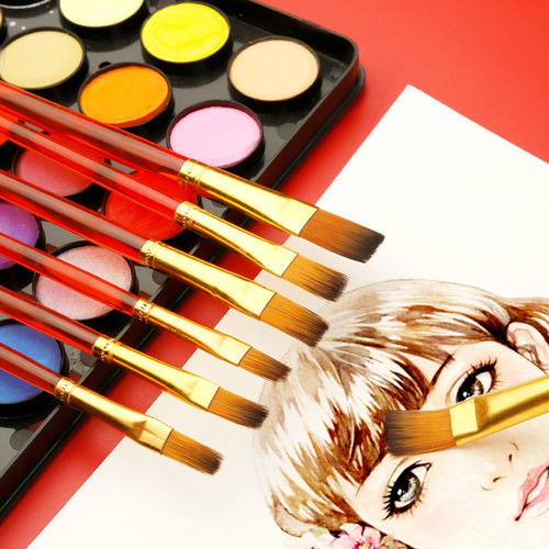 Gouache brush 6 set transparent rod nylon hair hand-painted art row brush painting flat head oil brush