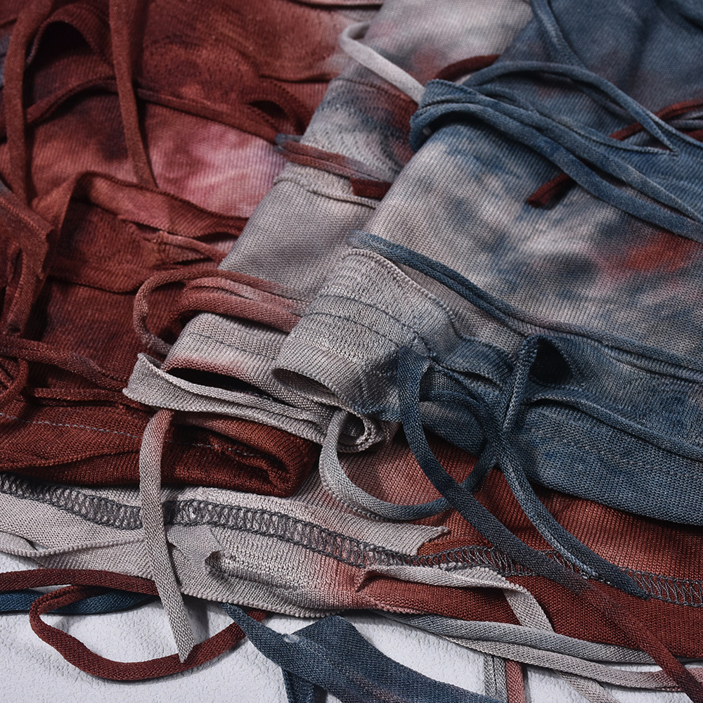 Tassel Ripped Contrast Color Sexy Cropped Tie Dyed Wansheng Set for Women