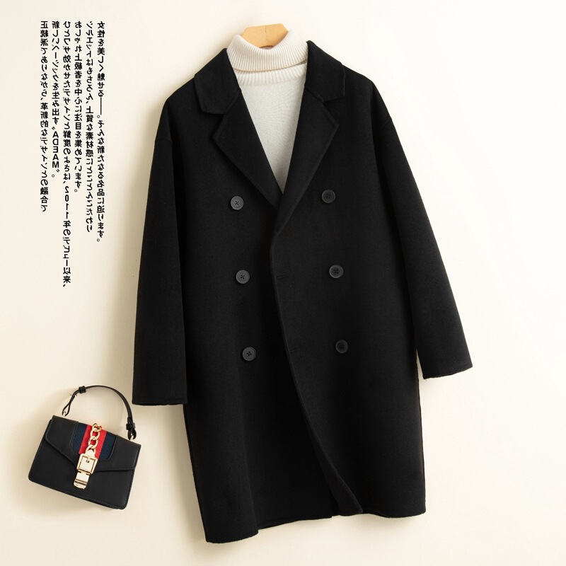 % Loose autumn and winter women's 100 double-breasted double-sided coat mid-length woolen coat long sleeve woolen coat wool