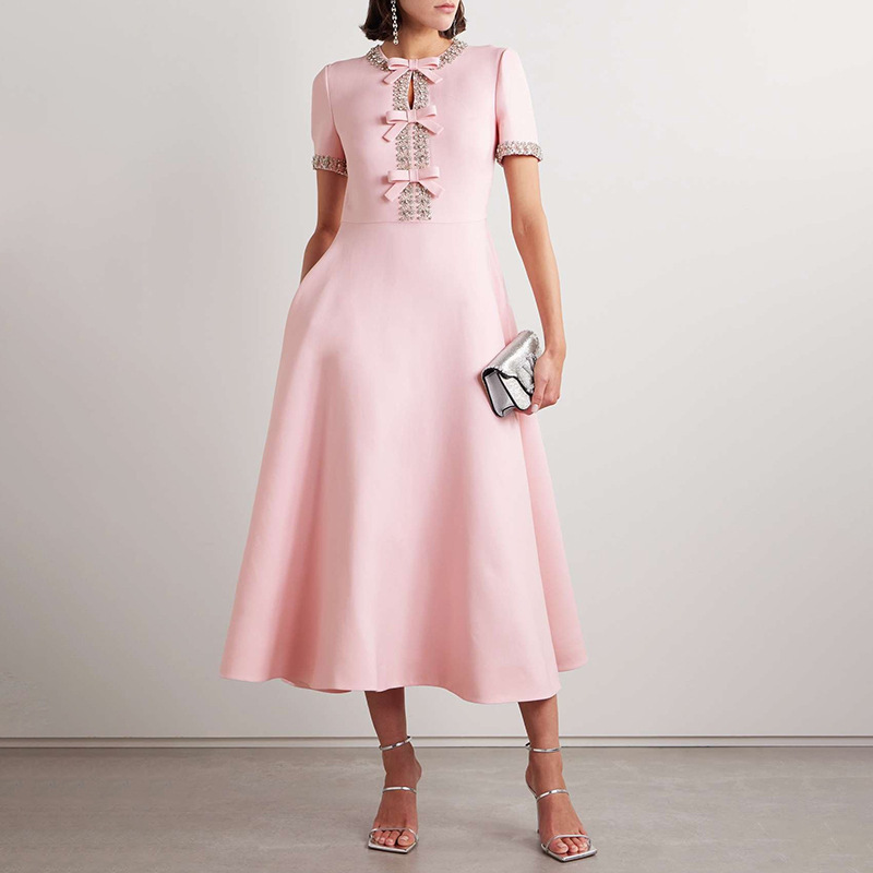 Japanese and Korean Casual Style Sweet Long Dress 2026 New Model with Rhinestone Collar Design and Bow Tie Long Dress for Women Japanese and Korean Casual Style Sweet Long Dress 2026 New Model with Rhinestone Collar Design and Bow Tie Long Dress for Women