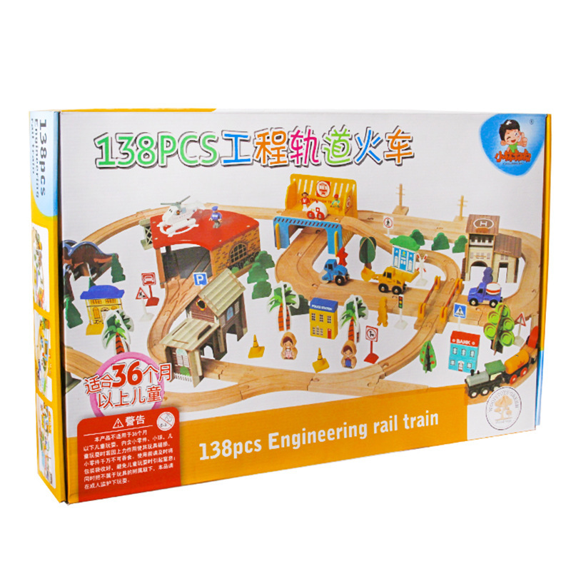 Nuevo estilo 100 piezas de lujo de madera juego de riel eléctrico serie tren riel niños juguetes de montaje de bricolaje al por mayor