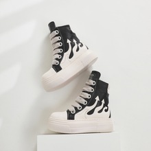 2024新款欧美高帮鞋大码女鞋拼色厚底粗鞋带情侣火焰鞋个性潮鞋男