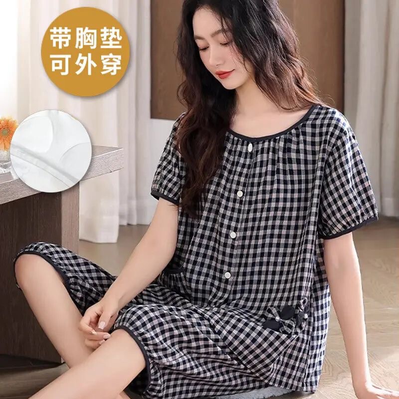Mom's Cotton Summer Pajamas for Women, Short-Sleeved, Thin Cardigan, Loose-Fitting, Plus-Size, with Chest Pads, Set