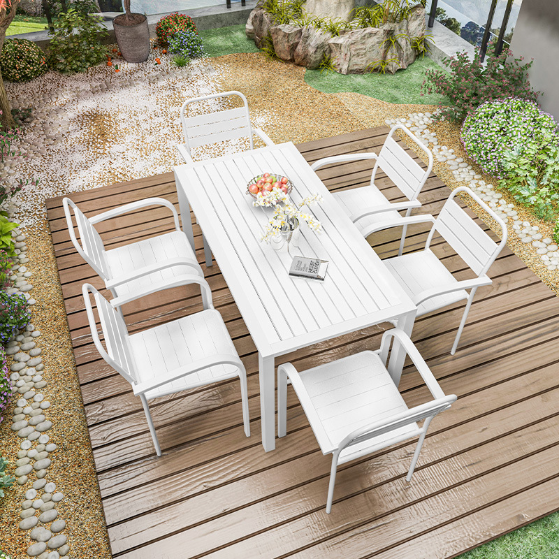 Modern Simple White Outdoor Table and Chair for Homestay Garden Long Table Combination Cafe Outdoor Leisure Plastic Wood Table and Chair