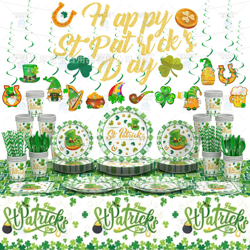 St. Patrick's Day Party Supplies Disposable Tableware Paper Tray Paper Cups Paper Towels Cross Border Party Paper Tray Customization
