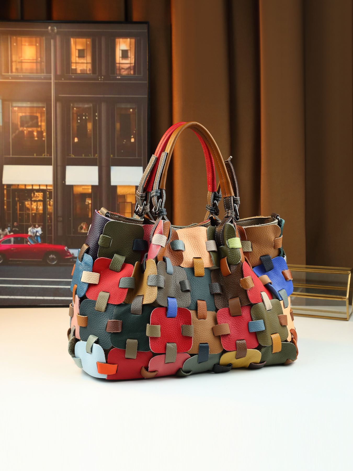 Woven Leather Patchwork Women's Handbag Large Shoulder Crossbody Bag_voghion.com