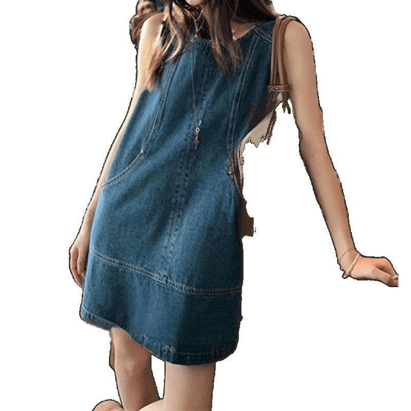 レトロな香港スタイルのベストデニムドレス女性の夏の新しいファッション気質ステッチスカート|undefined