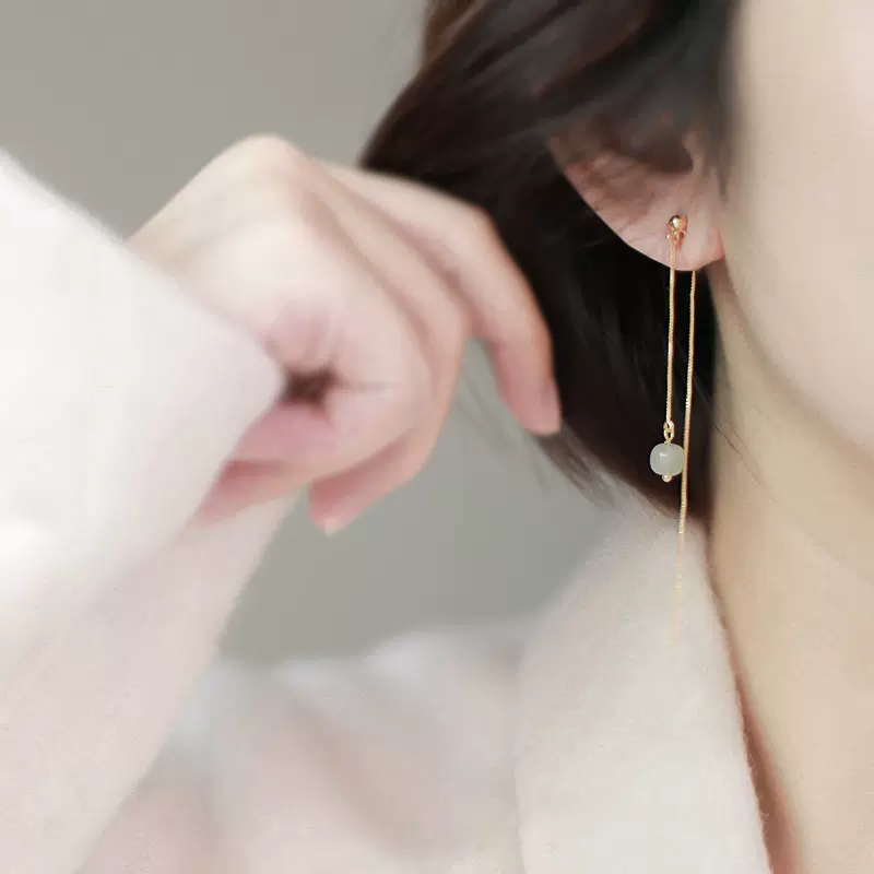 原创设计天然和田玉硅胶蚊香盘耳线无耳洞耳线感长款流苏耳饰