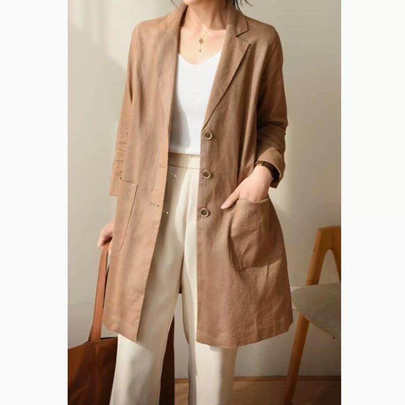 Wzxsk Retro Pure Color Cotton and Linen Suit Jacket Women's Autumn New Style Loose Slimming Casual Mid-Length Suit